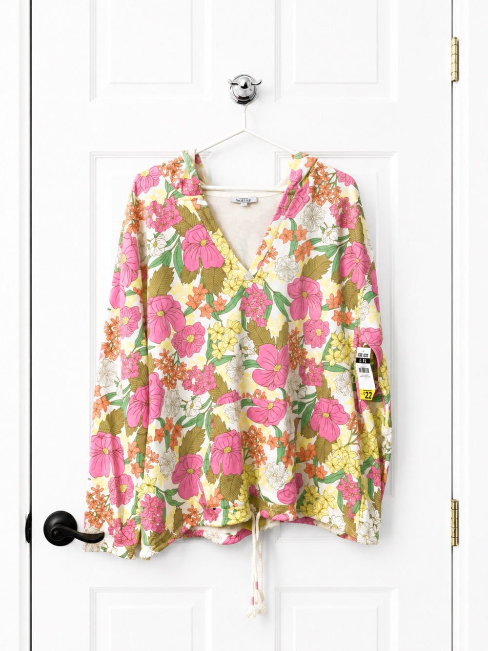 Floral Drawstring Hoodie with Pink & Yellow Blooms
